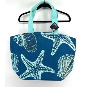 NWT Mina Victory Sequin Seashells Beach Tote Bag Set with Matching Clutch Blue